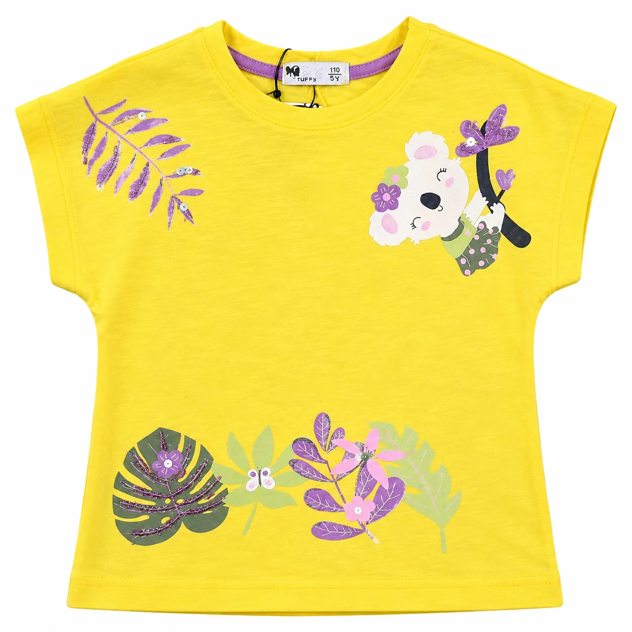 Tuffy Kids Girls Floral Bear T-Shirt – Short Sleeve – Yellow color option