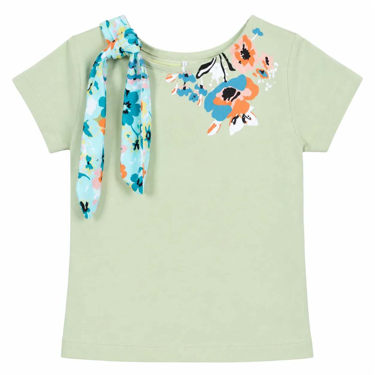 Tuffy Girls T-Shirt – Floral Print Design with Scarf Detail – Short Sleeve Cotton – Light Green color option