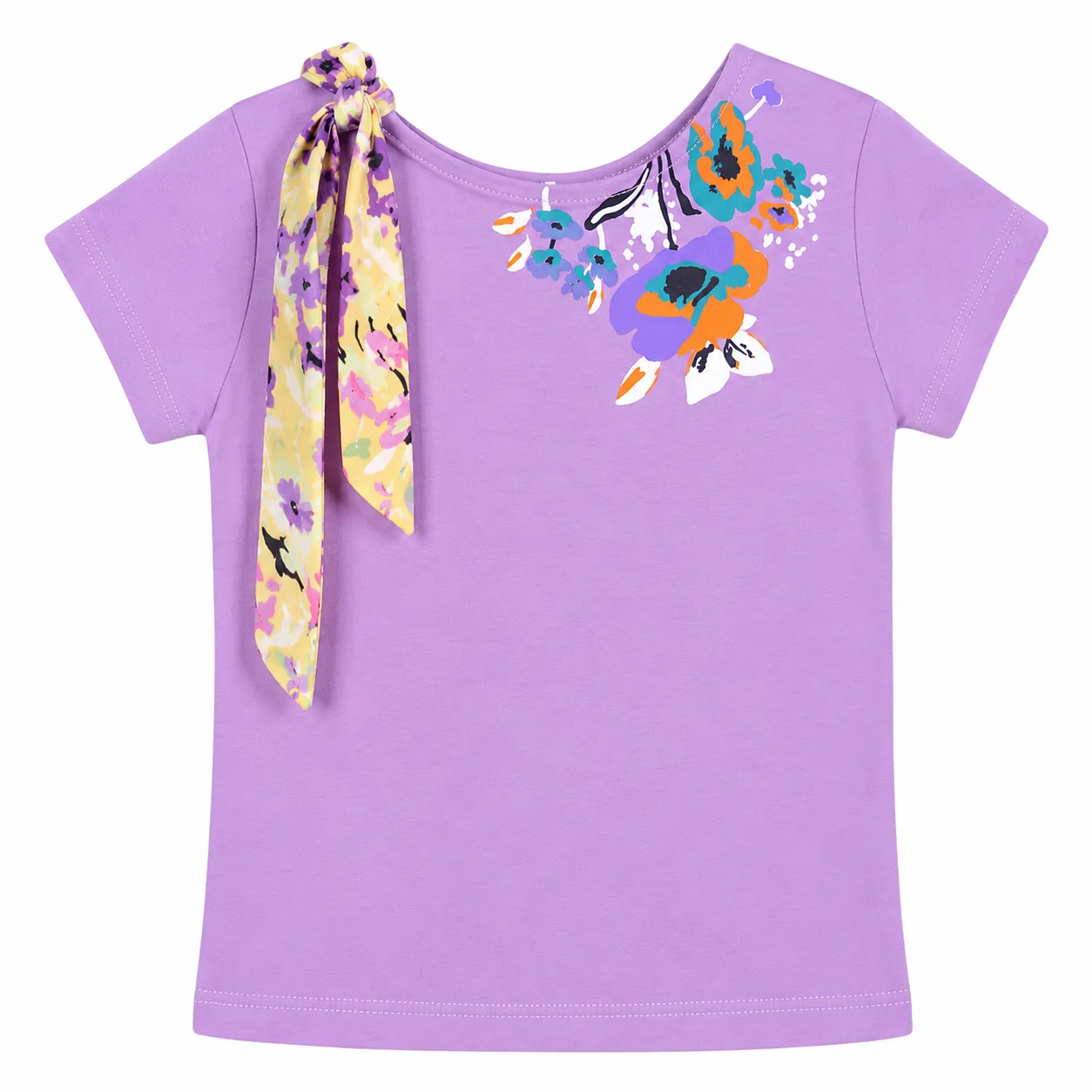 Tuffy Girls T-Shirt – Floral Print Design with Scarf Detail – Short Sleeve Cotton – Lavender
