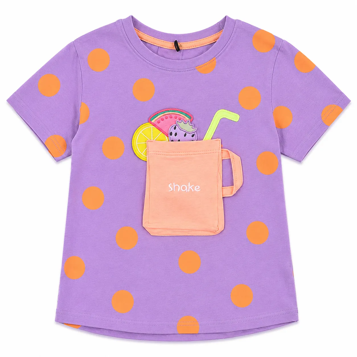Tuffy Girls Polka Dot T-Shirt with 3D Shake Cup Pocket – Soft Cotton – Short Sleeve – Lavender & Orange image 1
