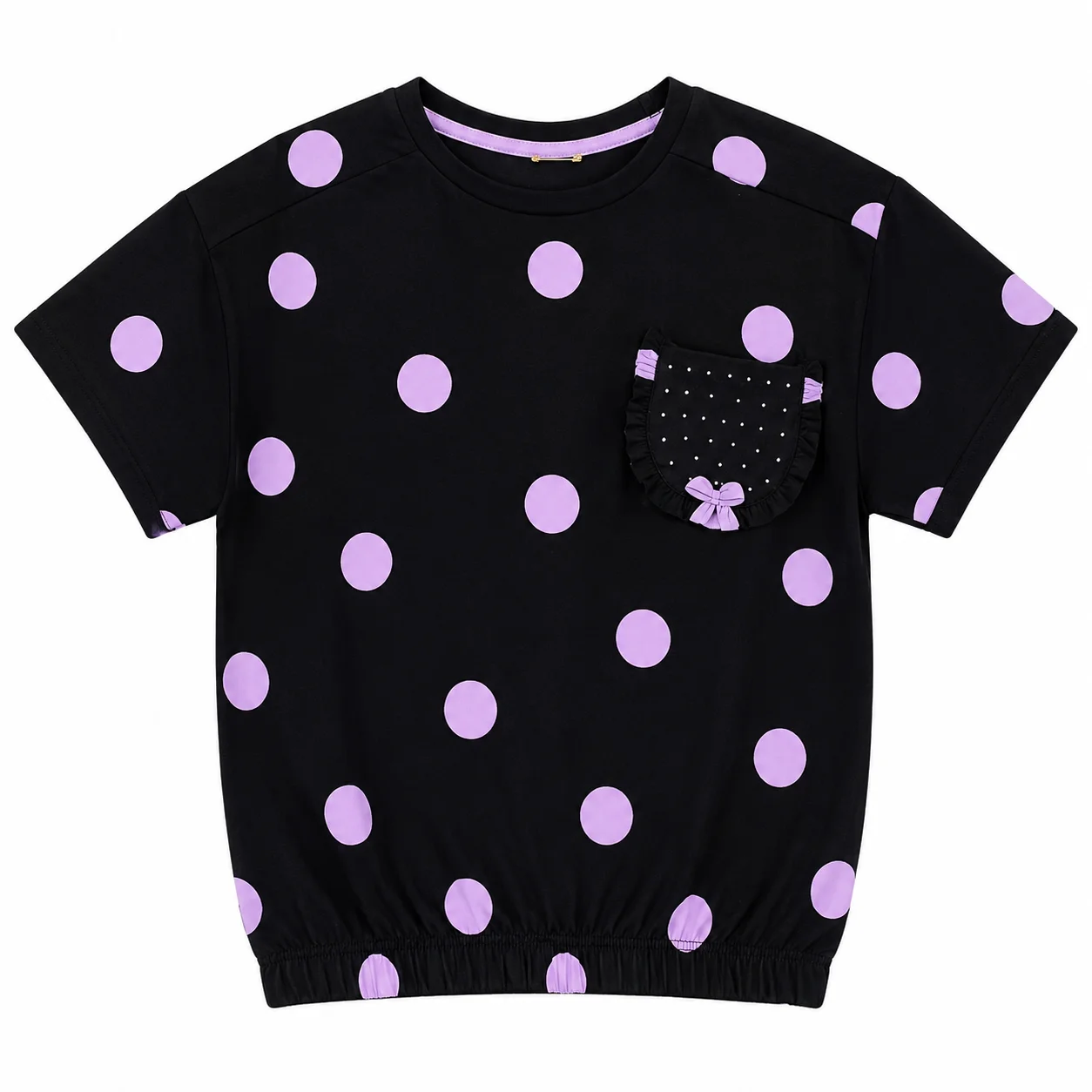 Tuffy Kids - Girls Short Sleeve T-Shirt - Polka Dot Print & Decorative Pocket - Black / Lavender