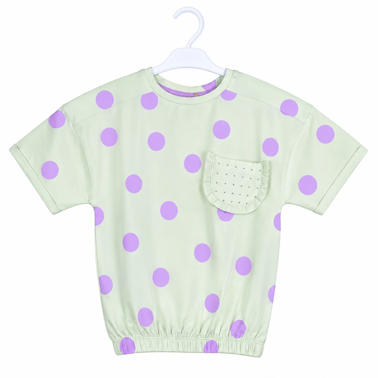 Tuffy Kids - Girls Short Sleeve T-Shirt - Polka Dot Print & Decorative Pocket - Mint Green / Lavender