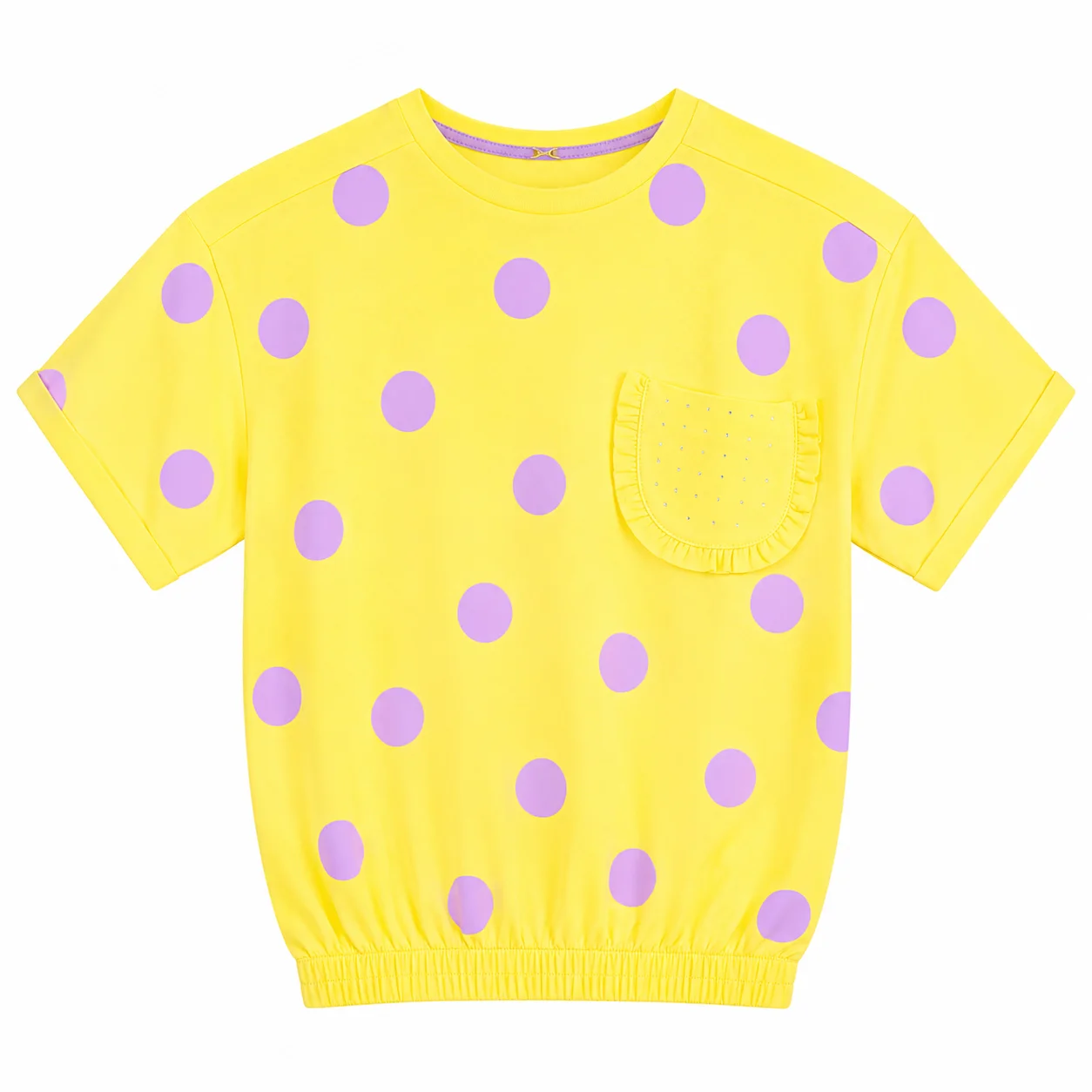 Tuffy Kids - Girls Short Sleeve T-Shirt - Polka Dot Print & Decorative Pocket - Yellow / Lavender
