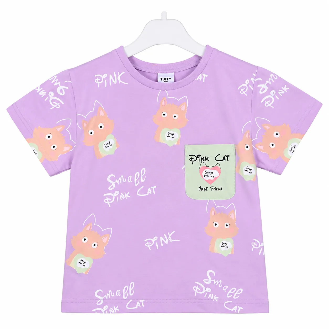 Tuffy Kids Girls Printed T-Shirt – Cat Pocket Design – Short Sleeve – purple