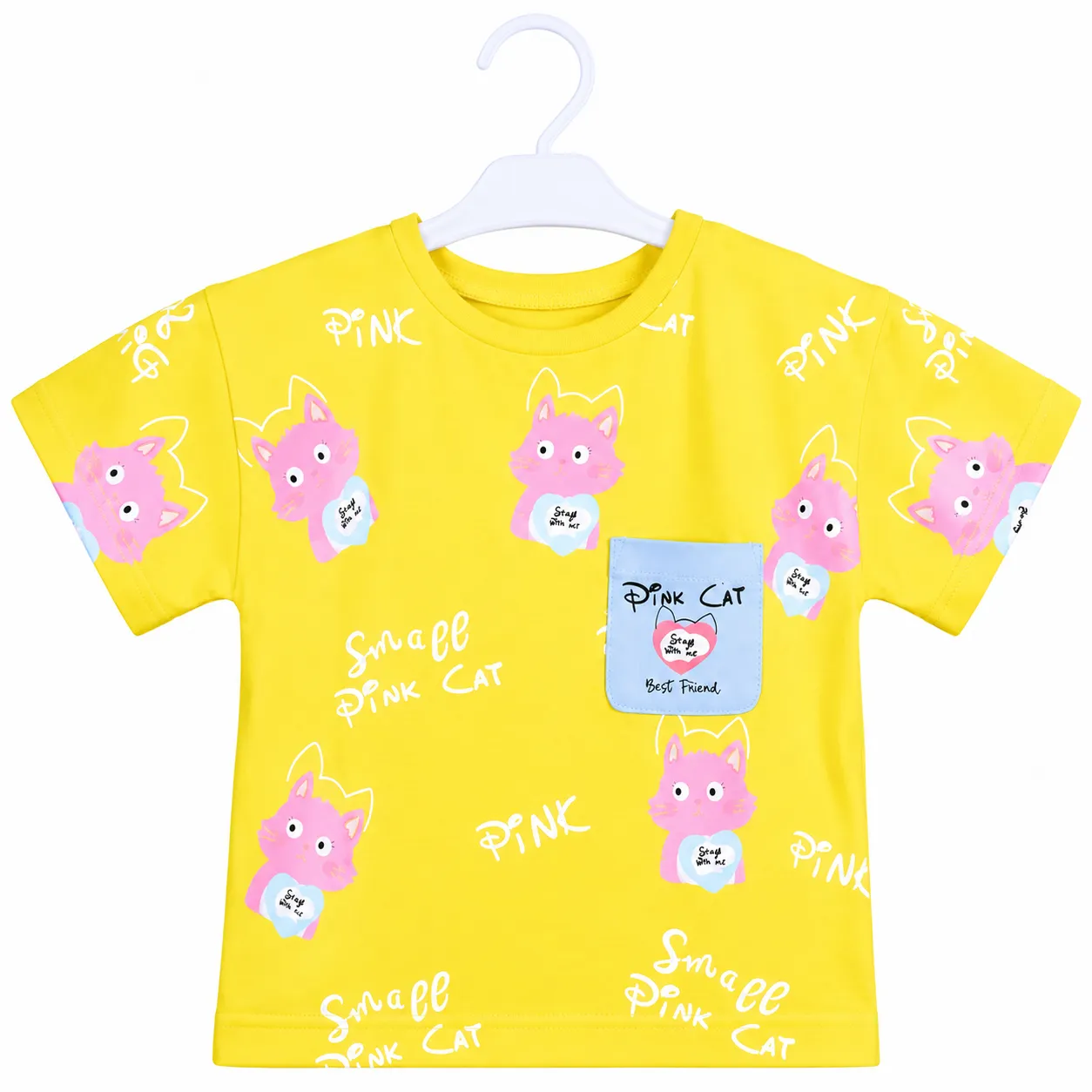 Tuffy Kids Girls Printed T-Shirt – Cat Pocket Design – Short Sleeve – yellow