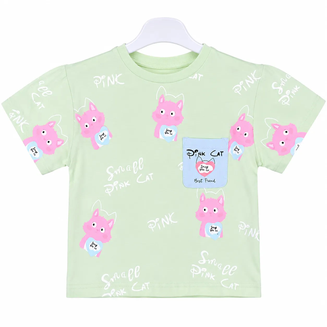 Tuffy Kids Girls Printed T-Shirt – Cat Pocket Design – Short Sleeve – Mint Green