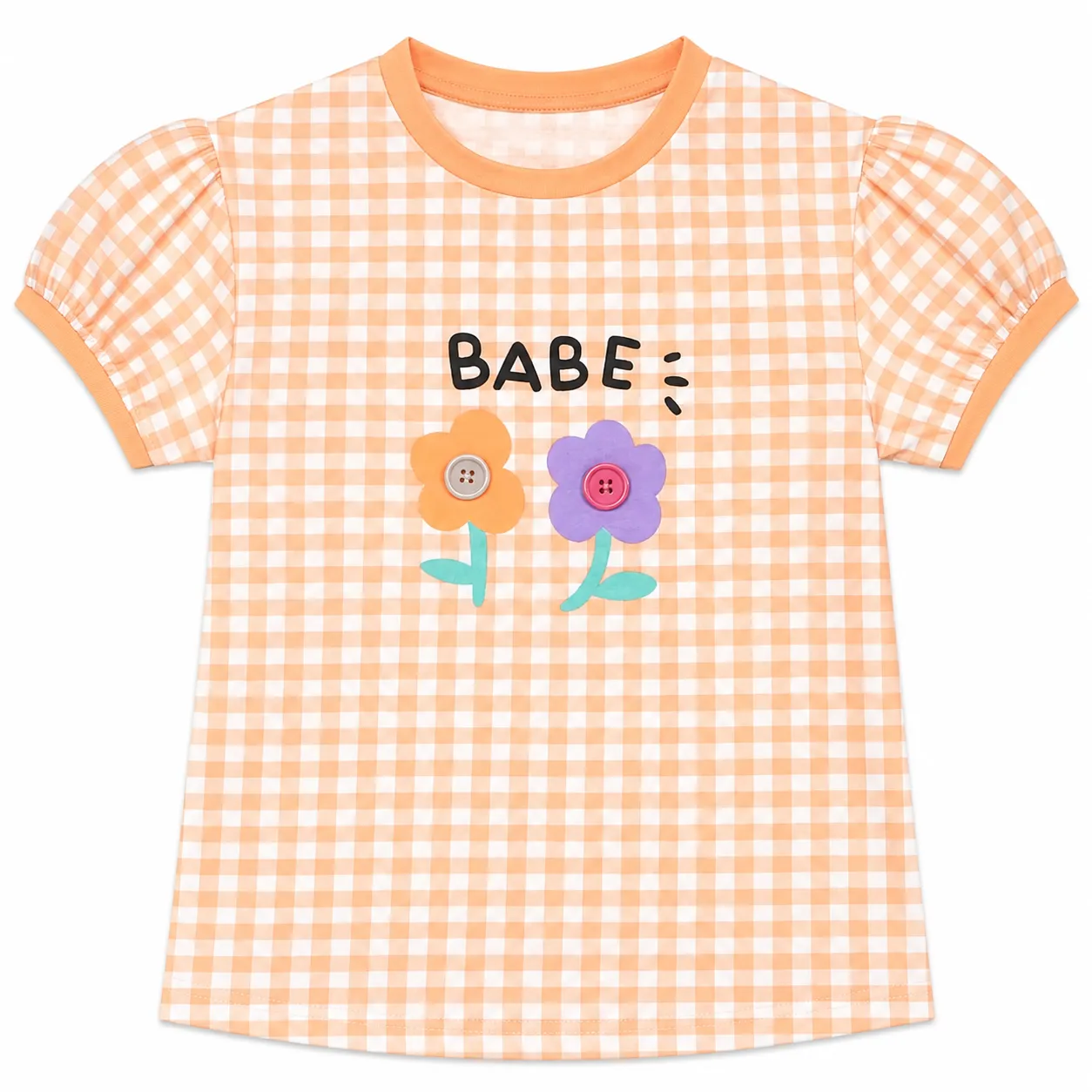 Tuffy Girls Checkered T-Shirt – Floral Print – Soft Cotton – Short Sleeve –Peach & White image 1