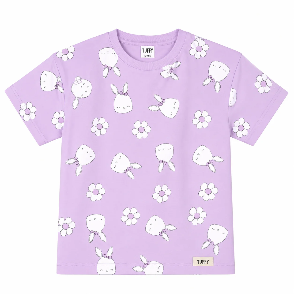 Tuffy Kids - Girls Short Sleeve T-Shirt - Bunny & Daisy Print - Lavender