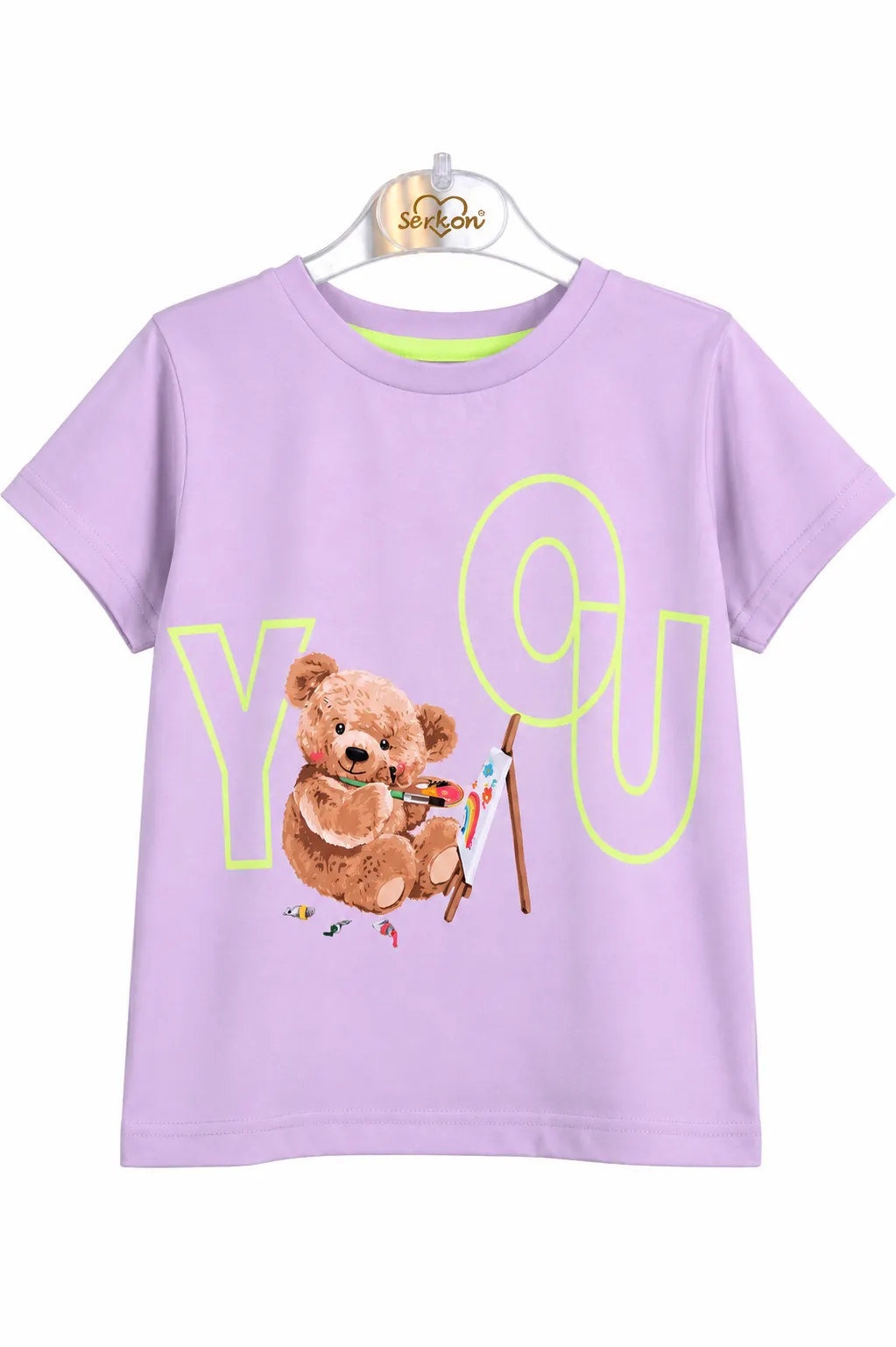 Tuffy Kids Girls T-Shirt with Teddy Bear Print – Short Sleeve – Cotton – purple