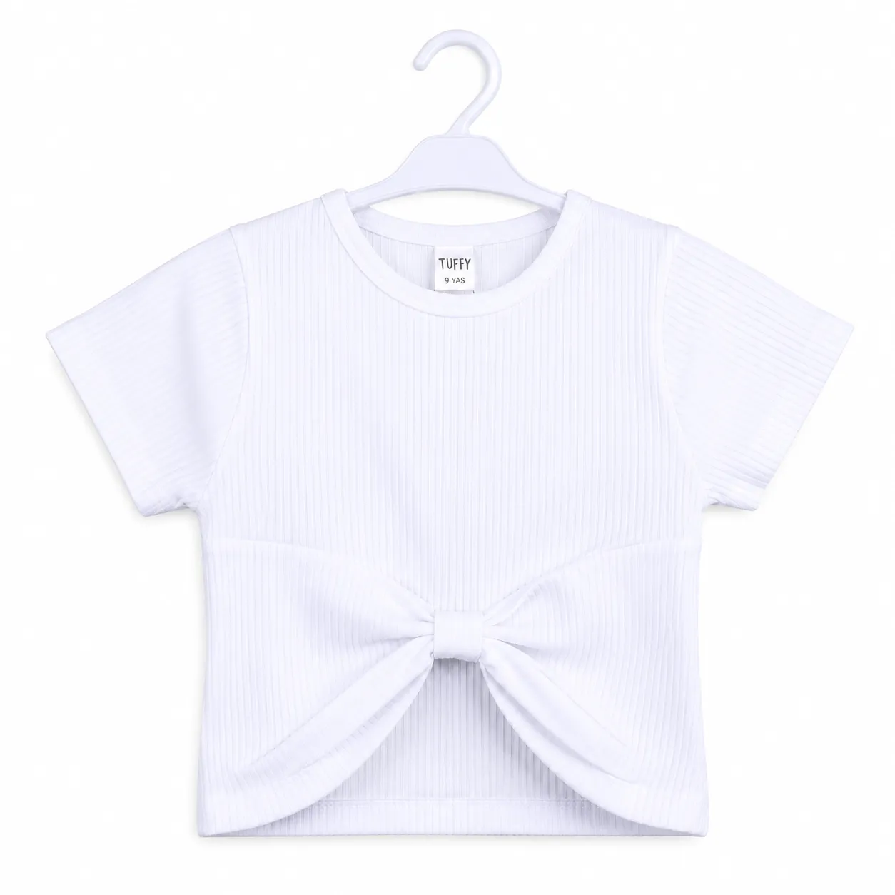 Tuffy Kids Girls Ribbed Crop Top with Front Bow – Short Sleeve – White color option