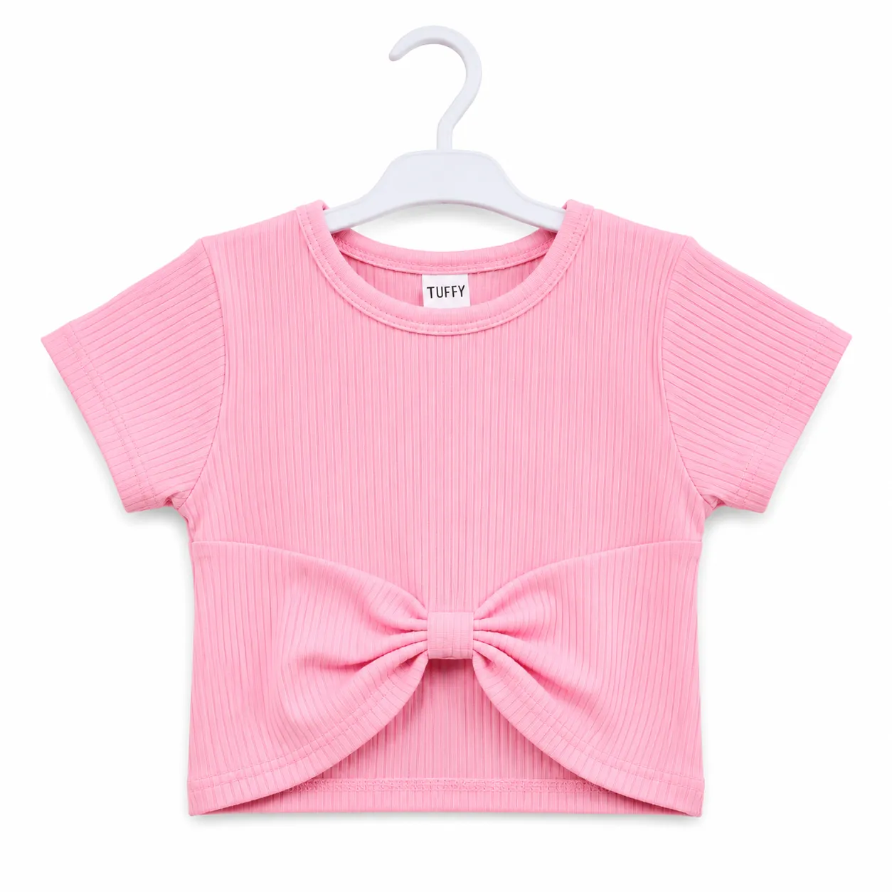 Tuffy Kids Girls Ribbed Crop Top with Front Bow – Short Sleeve –Pink color option