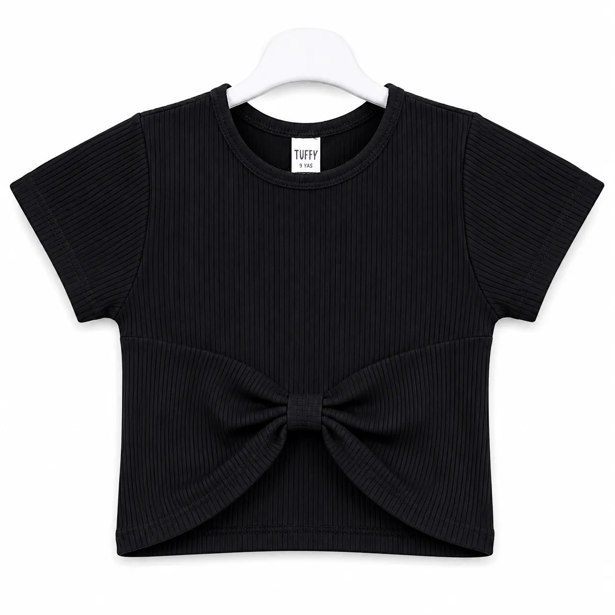 Tuffy Kids Girls Ribbed Crop Top with Front Bow – Short Sleeve –Black color option