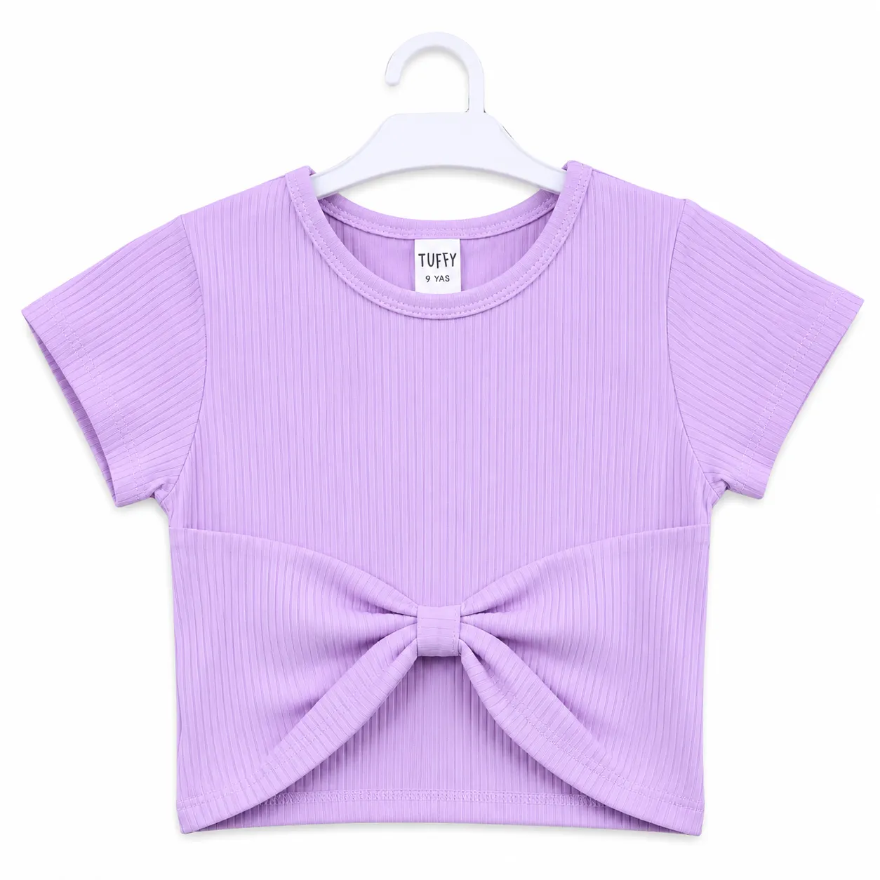 Tuffy Kids Girls Ribbed Crop Top with Front Bow – Short Sleeve –Lavender