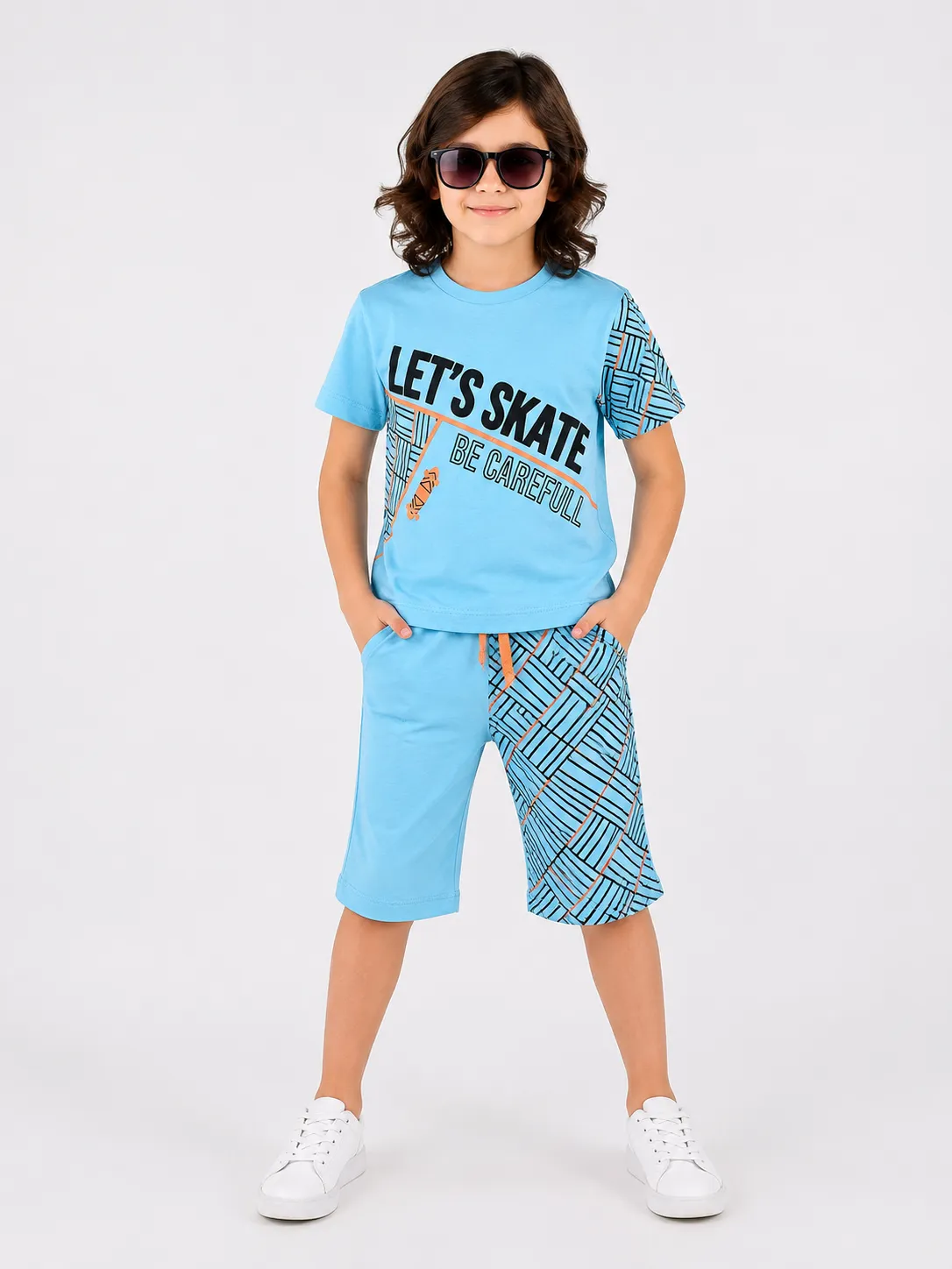 Tuffy Kids Skate Print T-Shirt & Shorts Set –blue color option