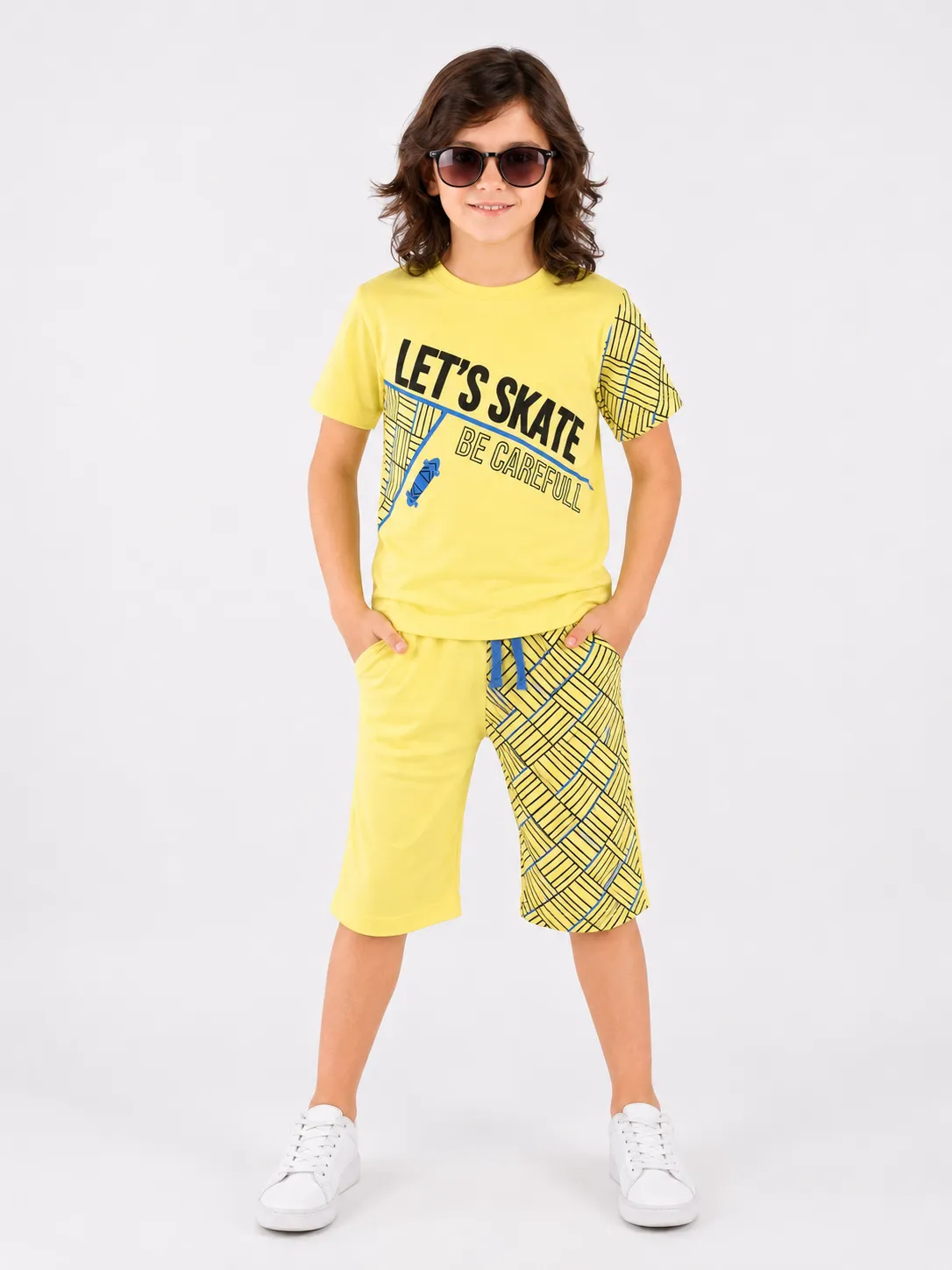 Tuffy Kids Skate Print T-Shirt & Shorts Set – Yellow color option