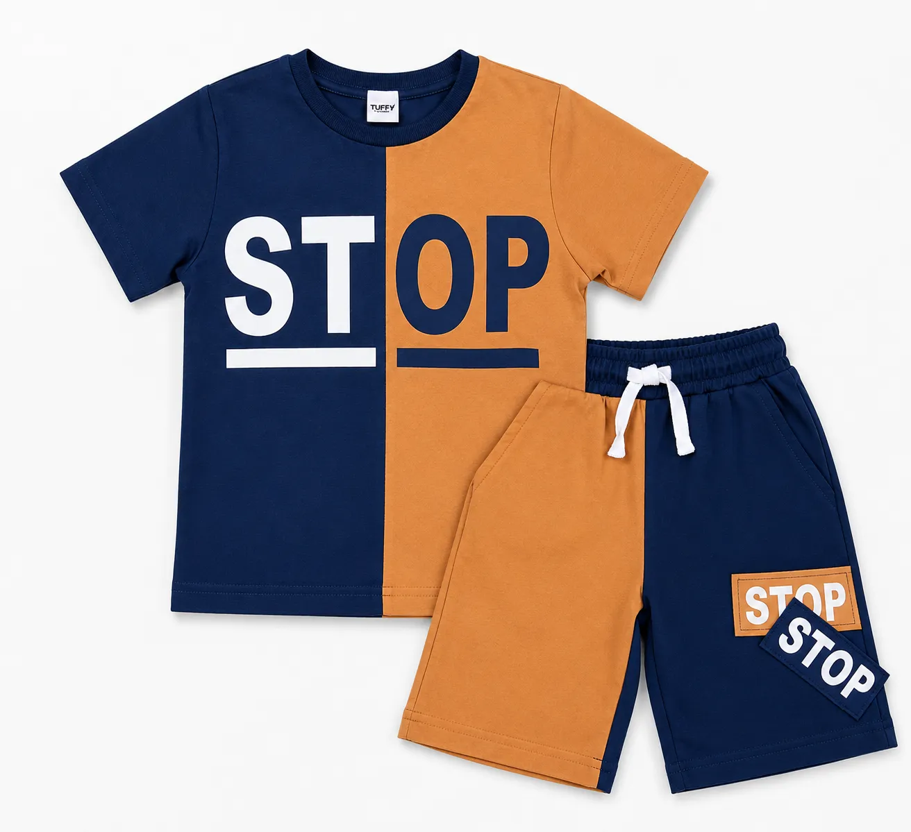 Tuffy Kids Boys Summer T-Shirt & Shorts Set – STOP Print – Two-Tone Navy Blue & Camel color option