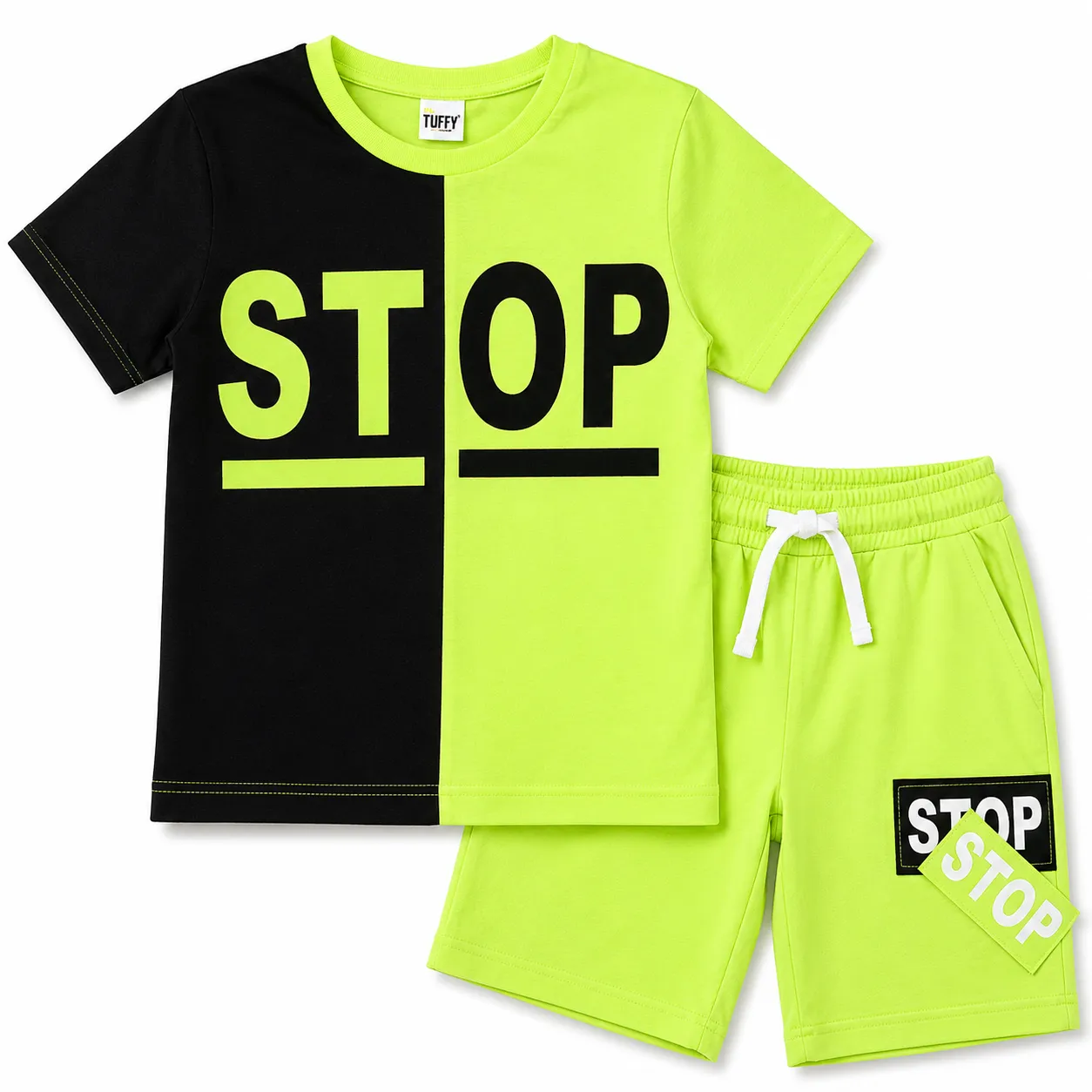 Tuffy Kids Boys Summer T-Shirt & Shorts Set – STOP Print – Two-Tone Neon Green & Black
