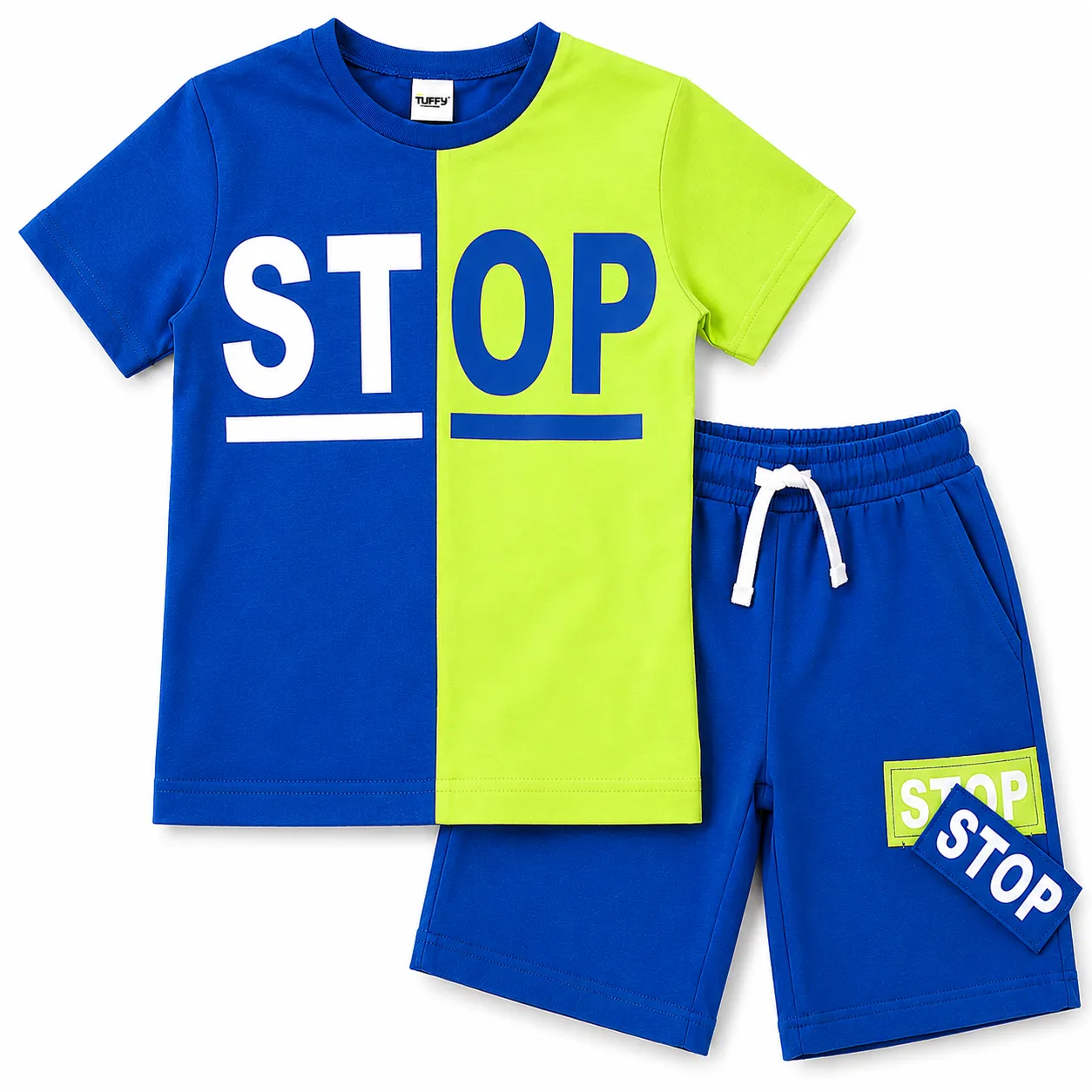 Tuffy Kids Boys Summer T-Shirt & Shorts Set – STOP Print – Two-ToneBlue & Lime Green