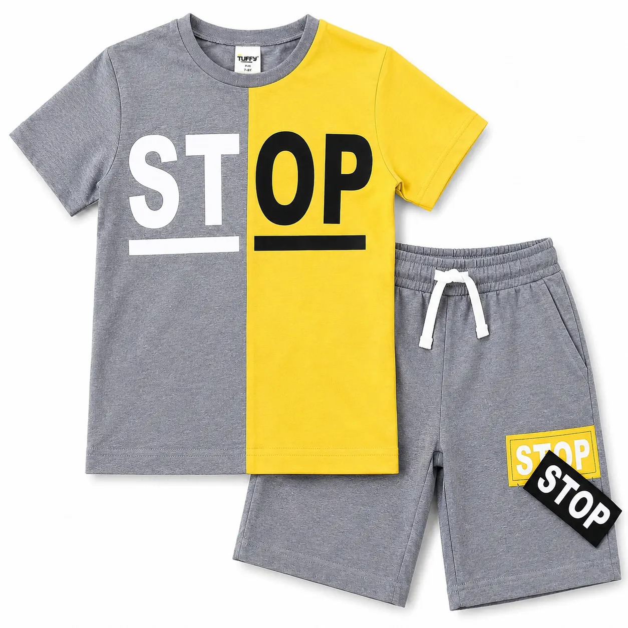 سێتی هاوینەیی کوڕان لە توفی – تیشێرت و شۆرتی STOP – راساسی و زەرد