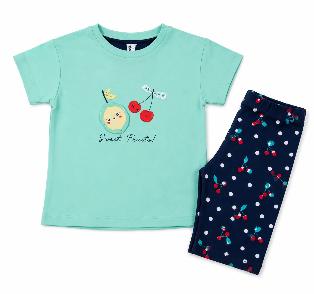 Tuffy Kids Girls T-Shirt & Leggings Set – Sweet Fruits Print – Mint Green & Navy