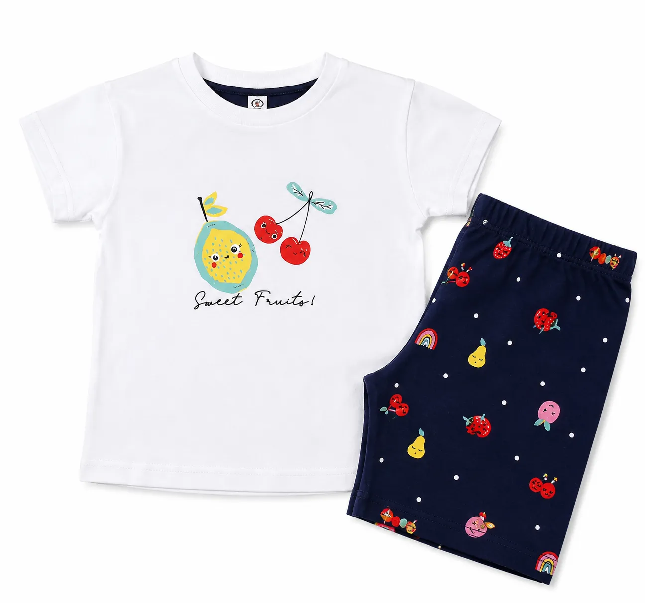 Tuffy Kids Girls T-Shirt & Leggings Set – Sweet Fruits Print – White & Navy color option