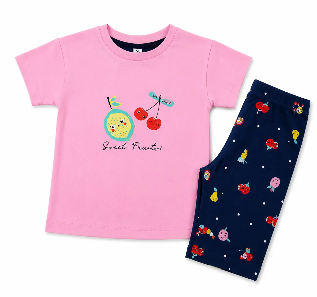 Tuffy Kids Girls T-Shirt & Leggings Set – Sweet Fruits Print – Pink & Navy Blue