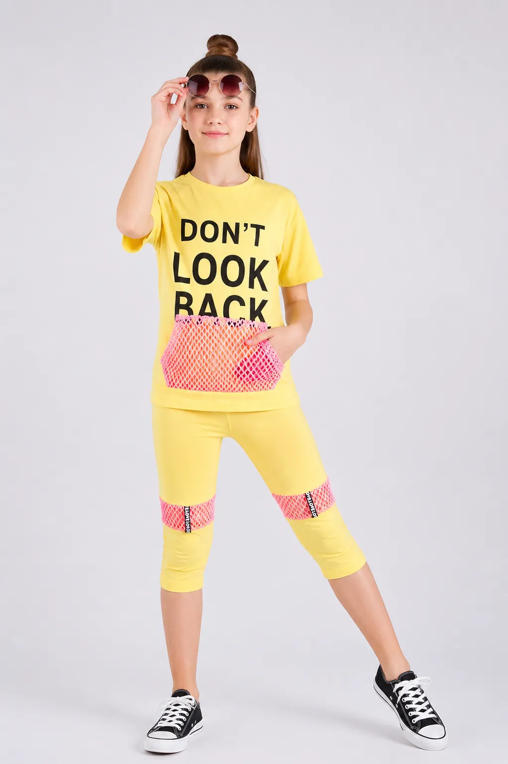 Tuffy Girl Clothing Set – Don’t Look Back Print T-Shirt & Capri Leggings – yellow