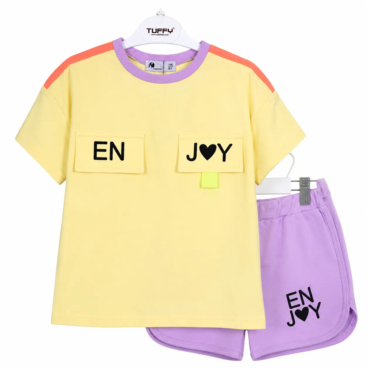Tuffy Kids Girls 2-Piece T-Shirt & Shorts Set – Enjoy Print – Yellow & Lavender
