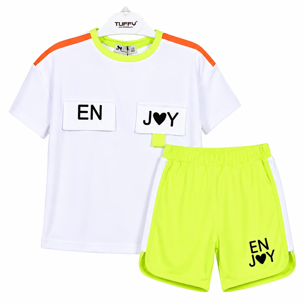 Tuffy Kids Girls 2-Piece T-Shirt & Shorts Set – Enjoy Print – White & Neon Green