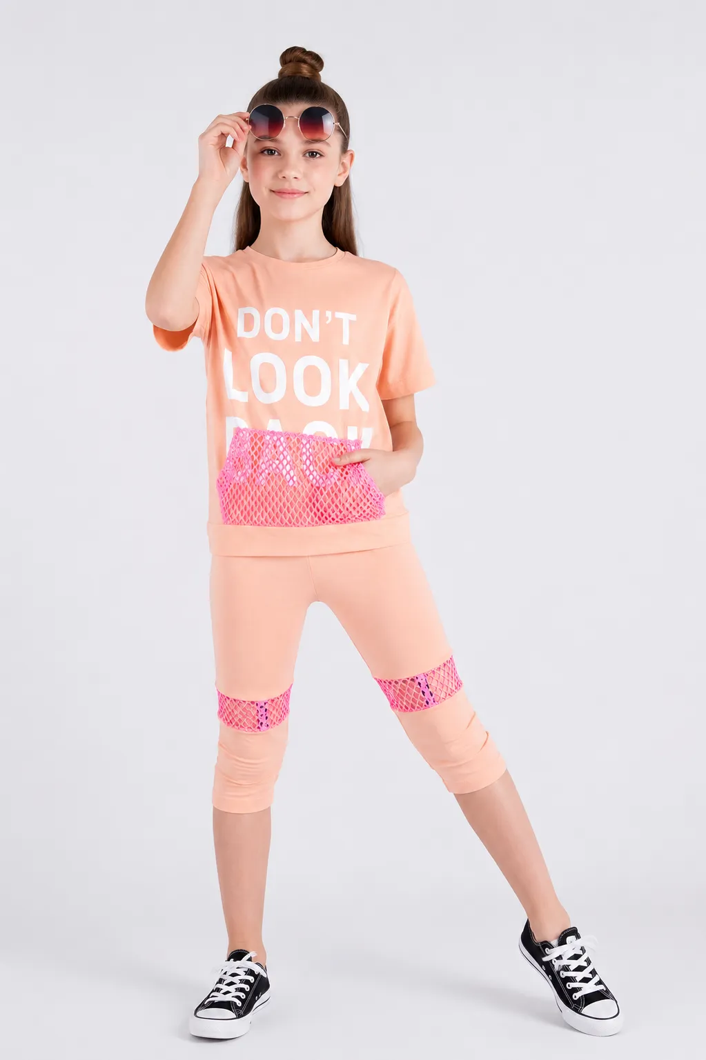 Tuffy Girl Clothing Set – Don’t Look Back Print T-Shirt & Capri Leggings –Peach color option