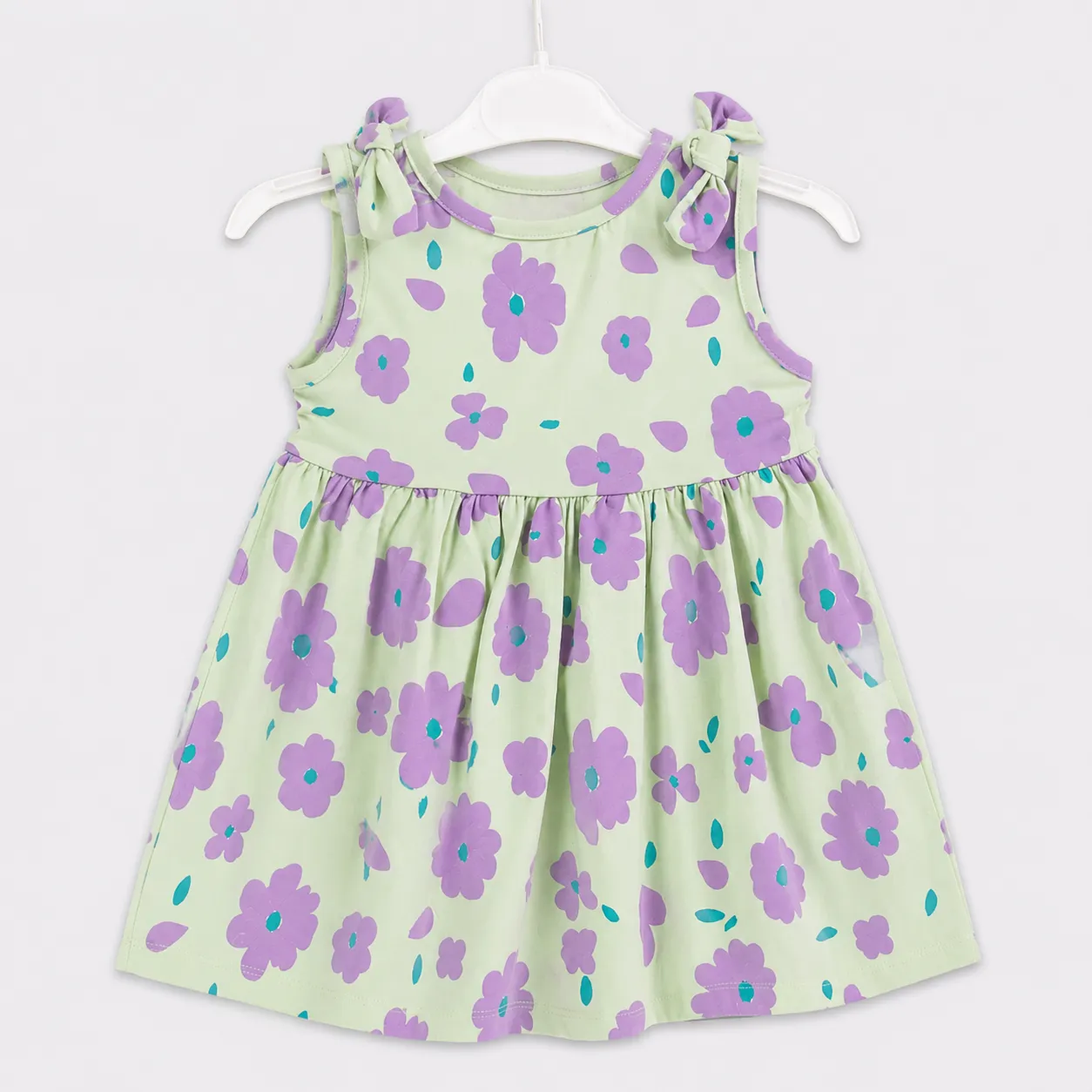 Tuffy Girl Dress – Floral Print Tie Shoulder Design – Sleeveless – Mint Green & Lavender color option