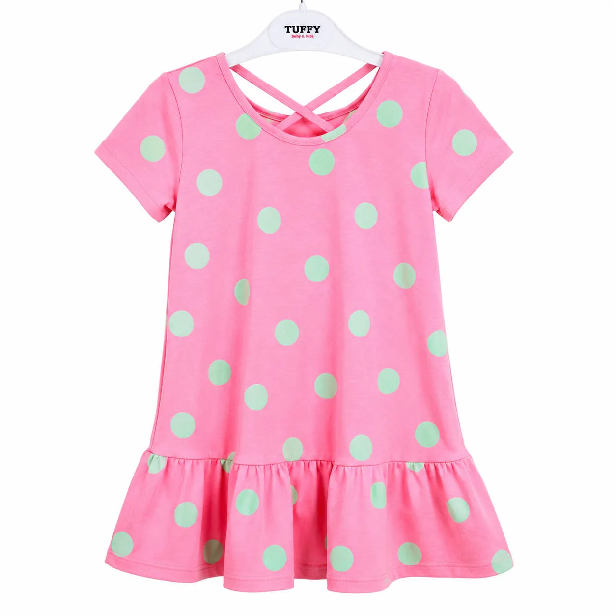 Tuffy Girl Dress – Polka Dot Ruffle Neck Design – Short Sleeve - Pink & Green color option