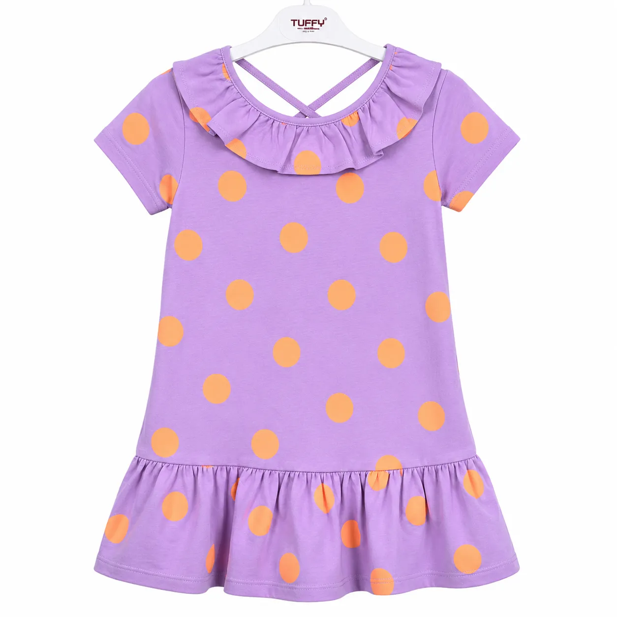 Tuffy Girl Dress – Polka Dot Ruffle Neck Design – Short Sleeve - Lavender & Peach color option