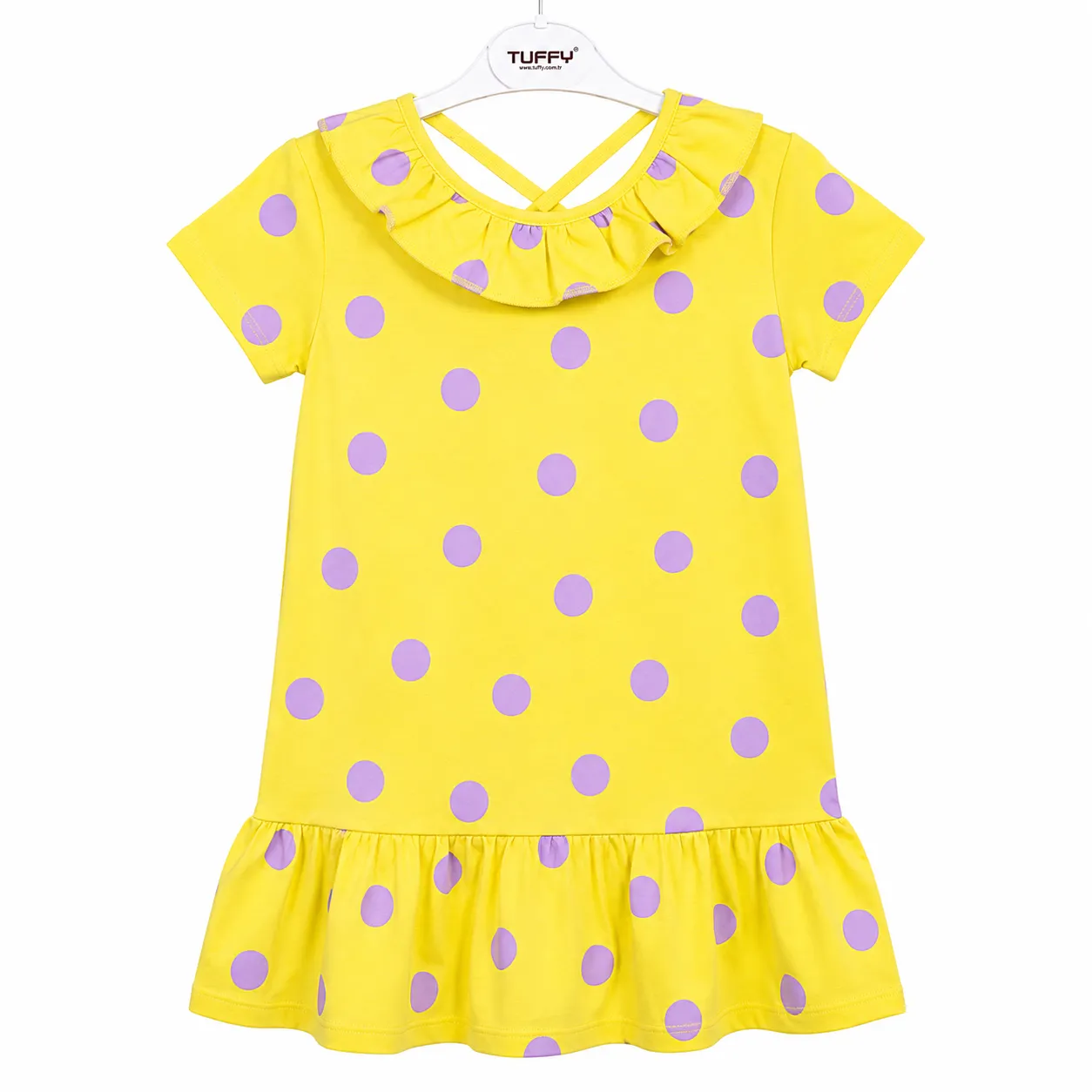Tuffy Girl Dress – Polka Dot Ruffle Neck Design – Short Sleeve - Yellow & Lavender