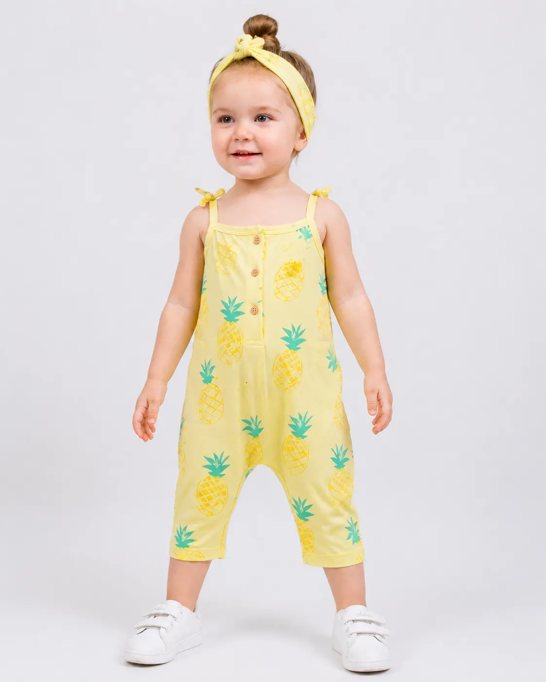 Tuffy Girl Romper – Printed Sleeveless Jumpsuit with Headband – Cotton Blend – yellow color option