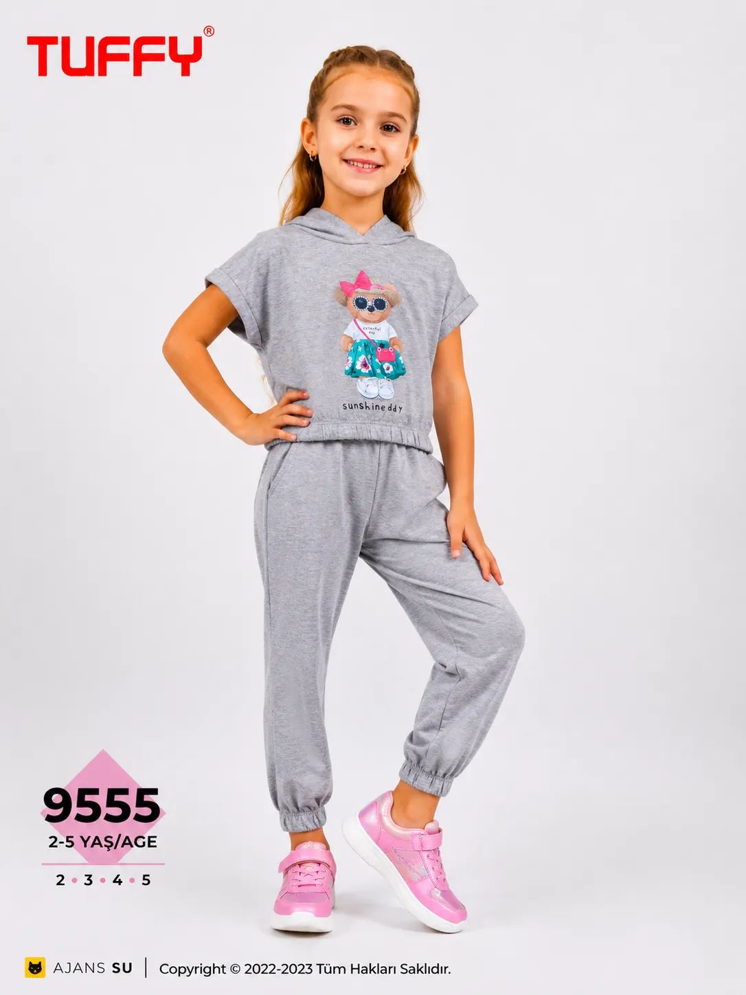 Tuffy Girls Hooded Tracksuit Set – Teddy Bear Print – Soft Cotton – Short Sleeve Top & Jogger Pants –gray image 1