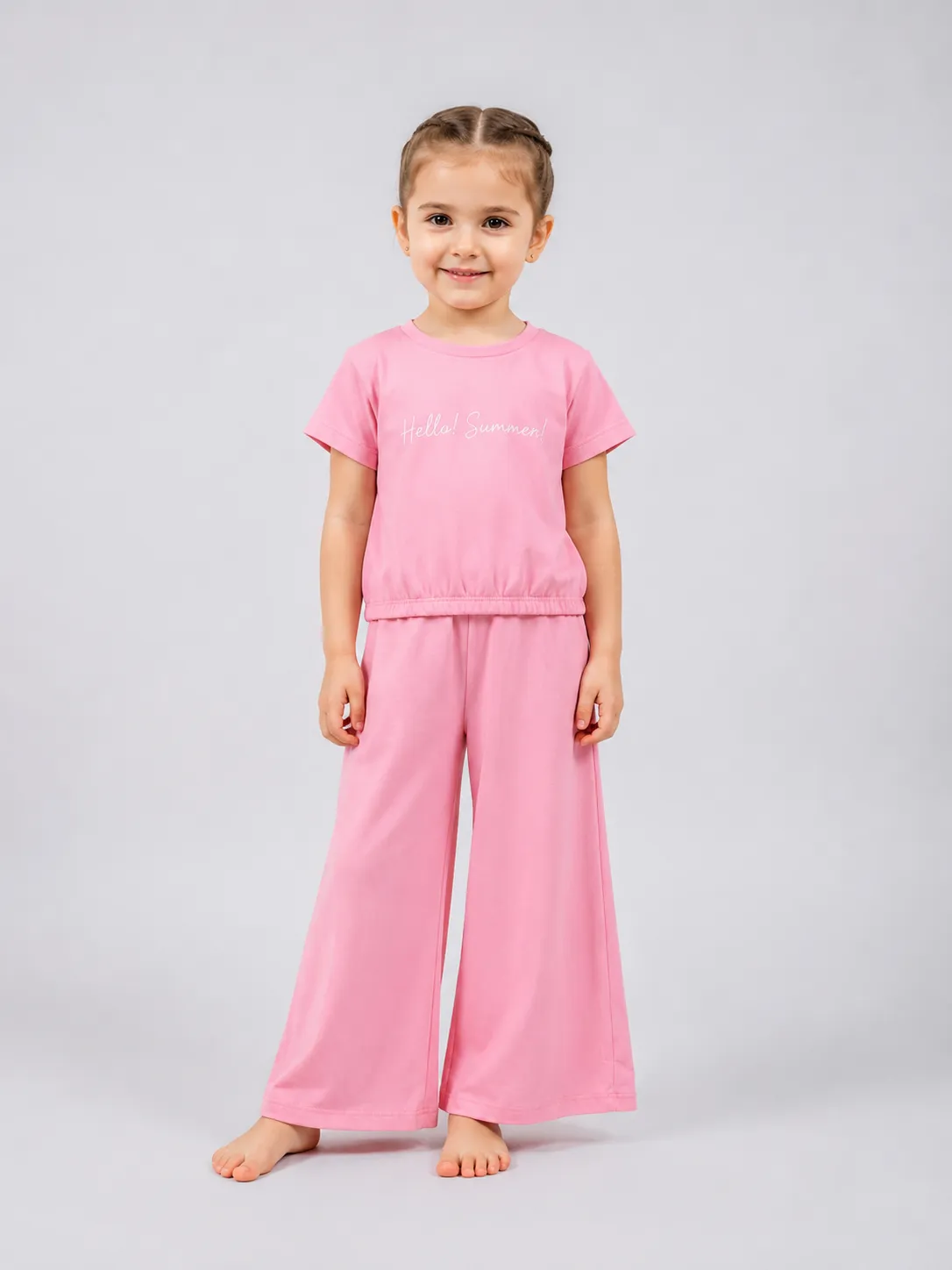Tuffy Girls Two-Piece Lounge Set – Short Sleeve Top & Wide-Leg Pants – Pink color option
