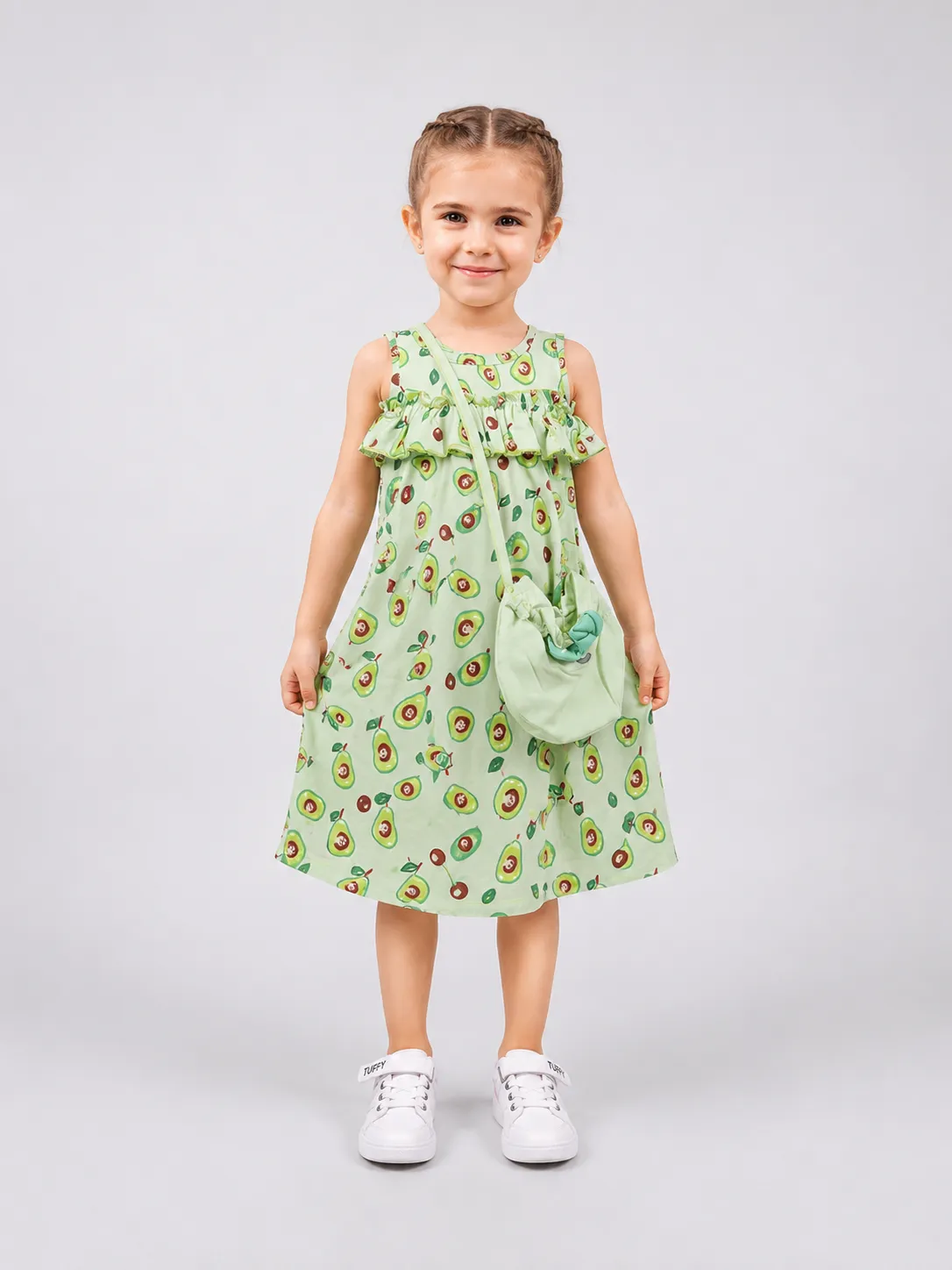 Tuffy Kids - Girls Pineapple Print Sleeveless Dress with Matching Crossbody Bag -Light Green color option
