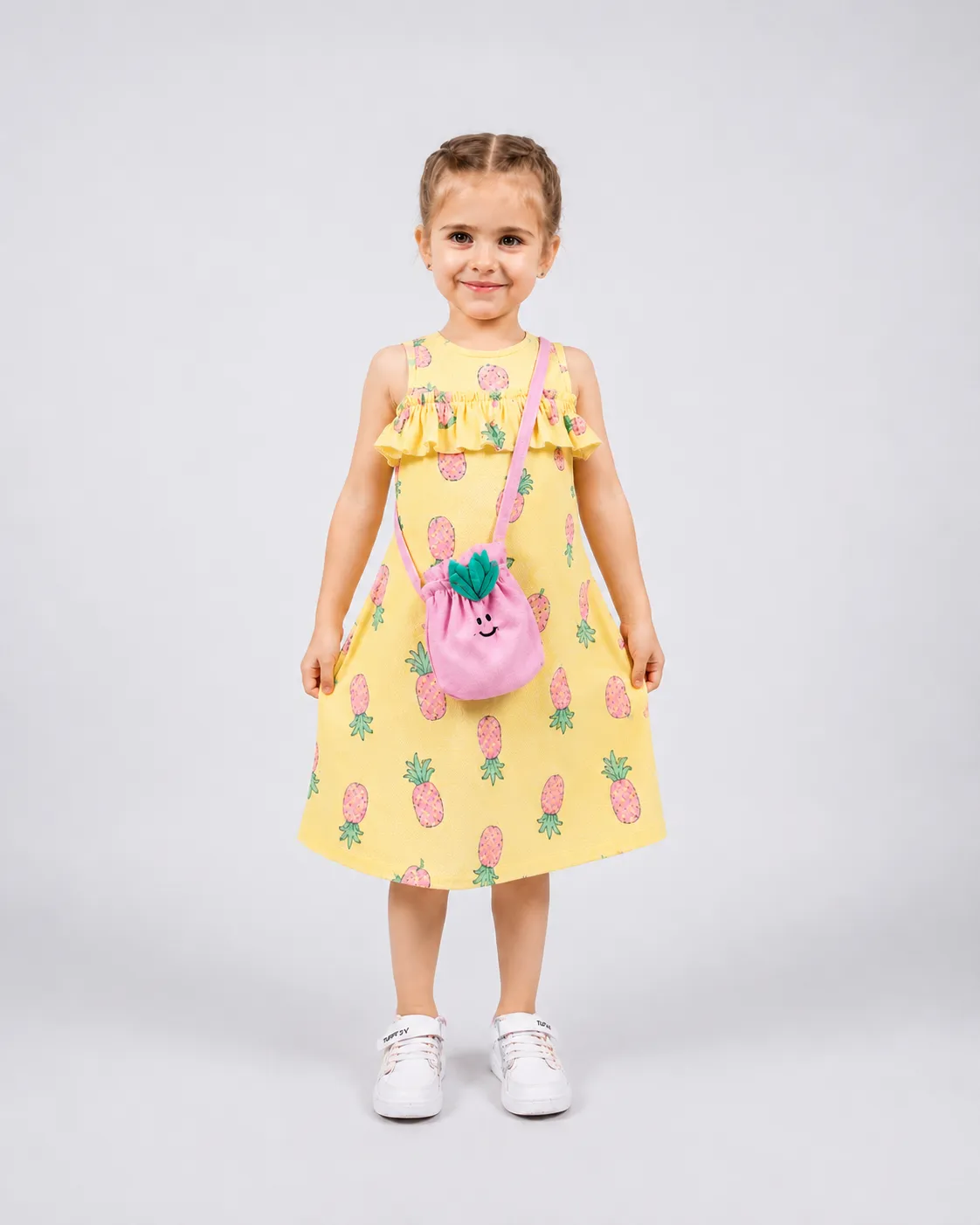 Tuffy Kids - Girls Pineapple Print Sleeveless Dress with Matching Crossbody Bag - Yellow & Pink