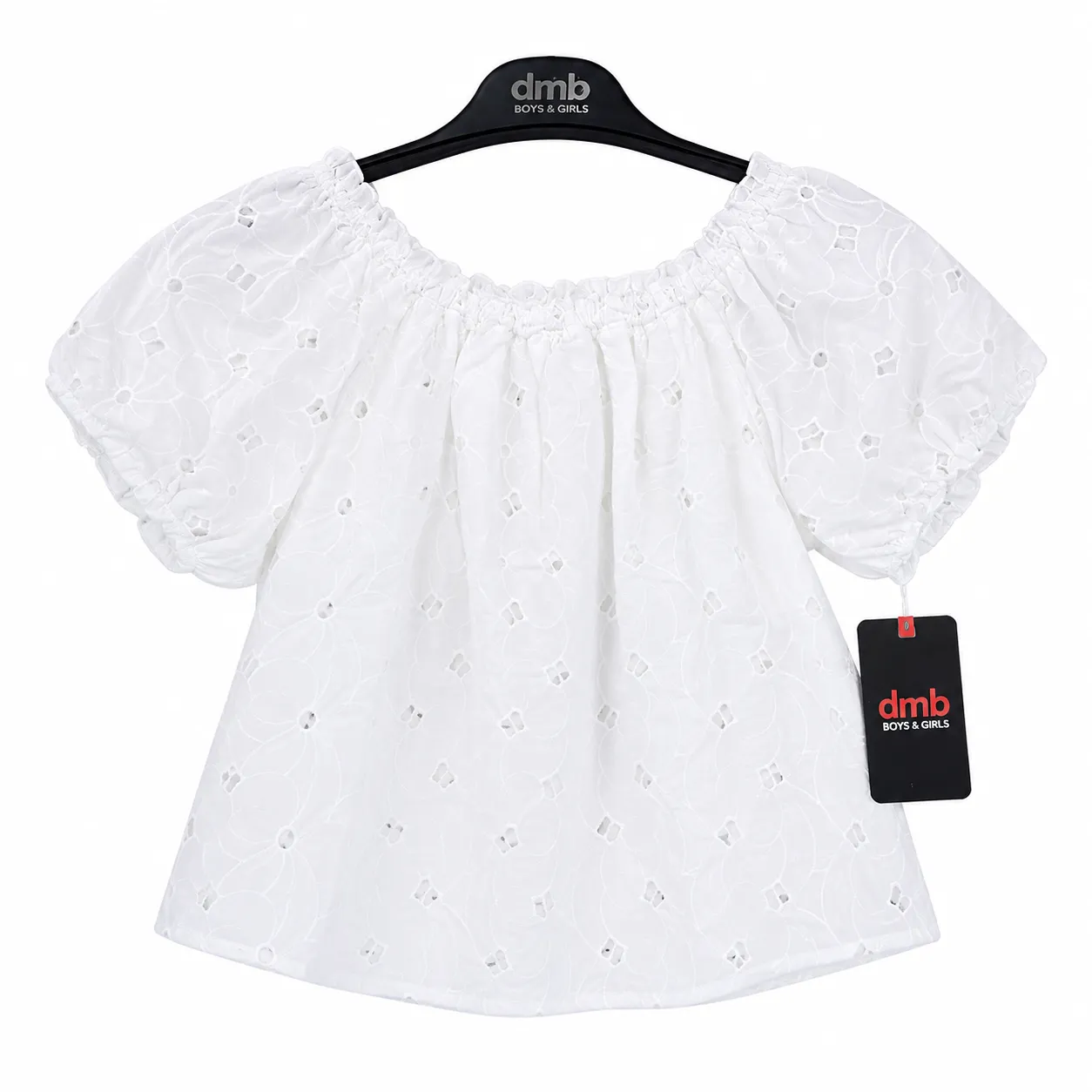 DMB Girls Embroidered Puff Sleeve Blouse – Elastic Off-Shoulder Neckline – white color option