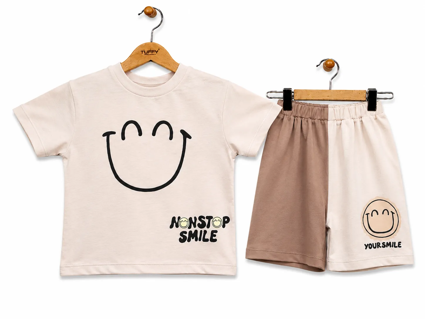 Tuffy Kids Clothing Set – Smile Print T-Shirt & Shorts – Short Sleeve Cotton – Beige & Brown