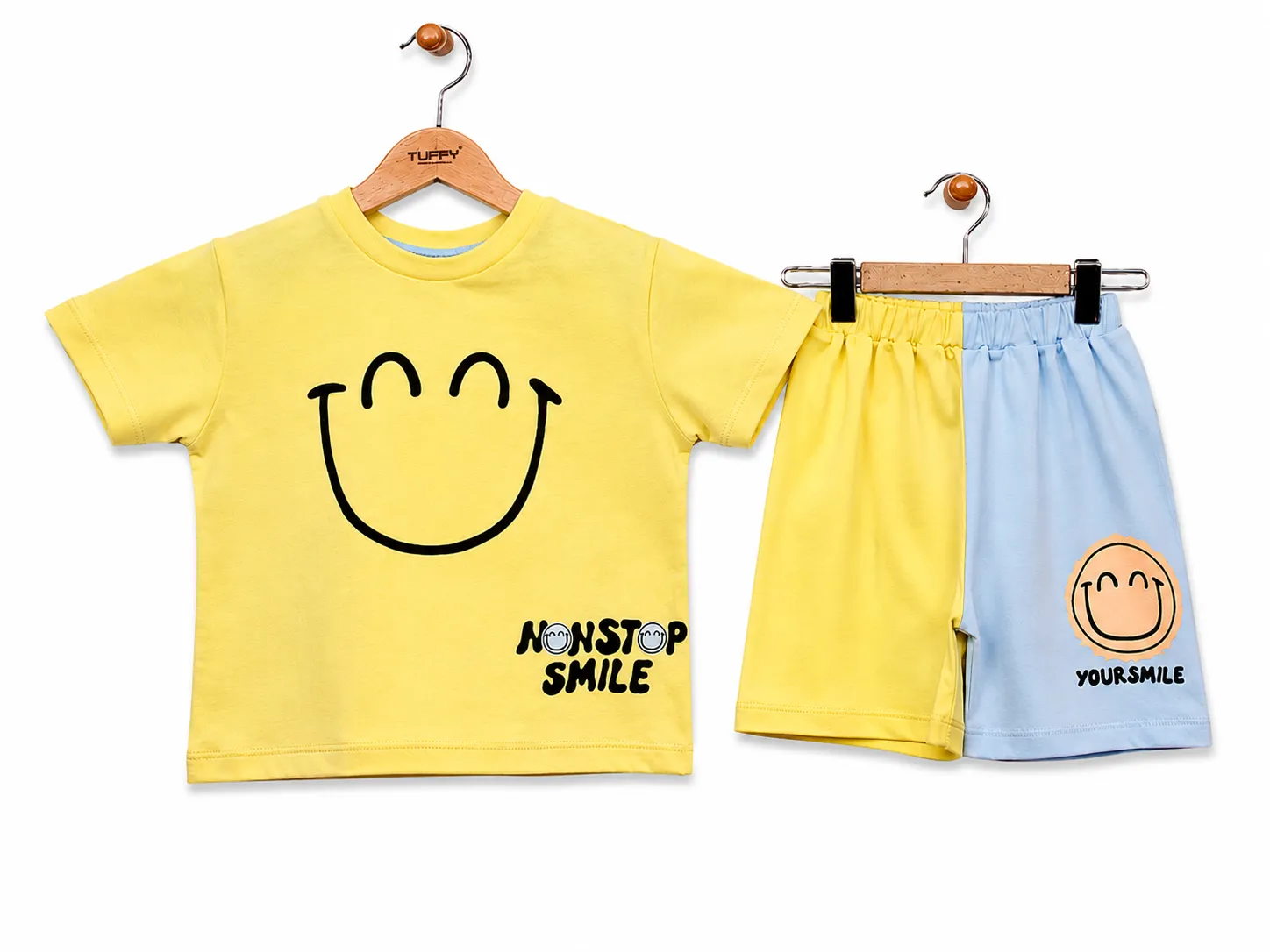 Tuffy Kids Clothing Set – Smile Print T-Shirt & Shorts – Short Sleeve Cotton – Light Yellow & Light Blue color option