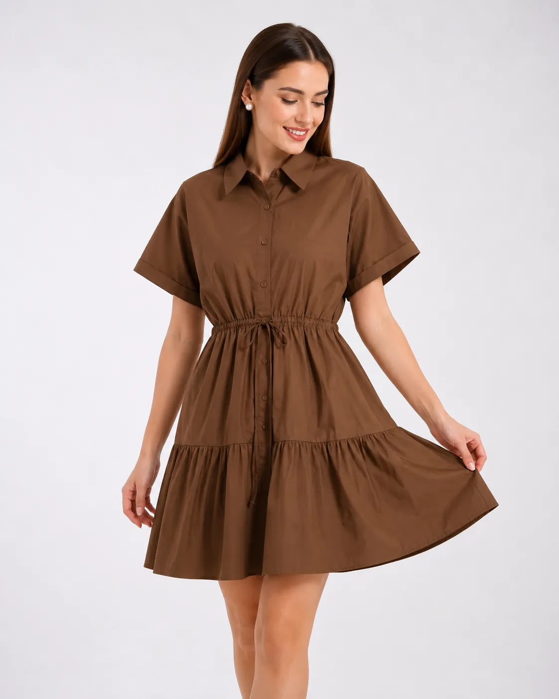 Park Karon Women's Short-Sleeve Shirt Dress with Button Front, Elastic Waist & Tiered Skirt – brown color option