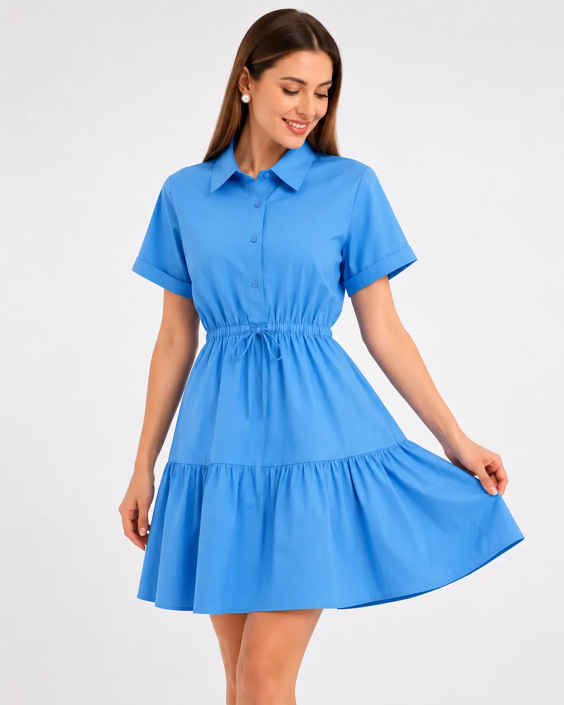 Park Karon Women's Short-Sleeve Shirt Dress with Button Front, Elastic Waist & Tiered Skirt – blue