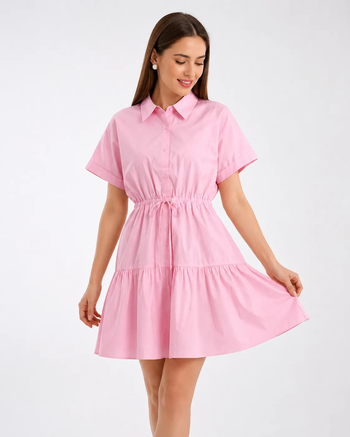 Park Karon Women's Short-Sleeve Shirt Dress with Button Front, Elastic Waist & Tiered Skirt – Pink