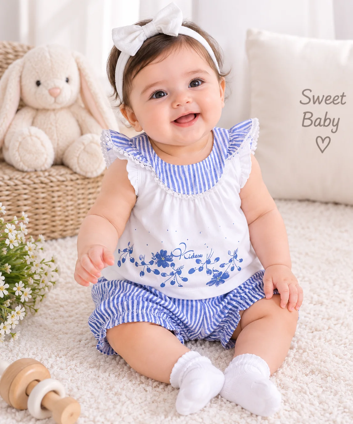 Kidex’s Girls Floral Top & Polka Dot Shorts Set – White & Navy color option