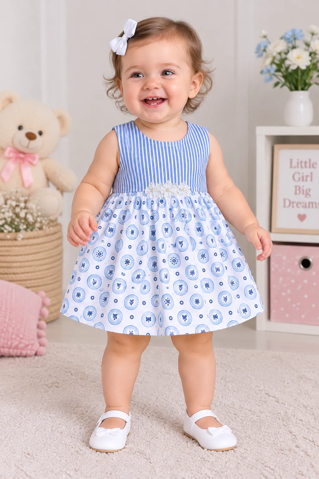 Kidex’s Girls’ Sleeveless Striped Summer Dress with Floral Detail – blue