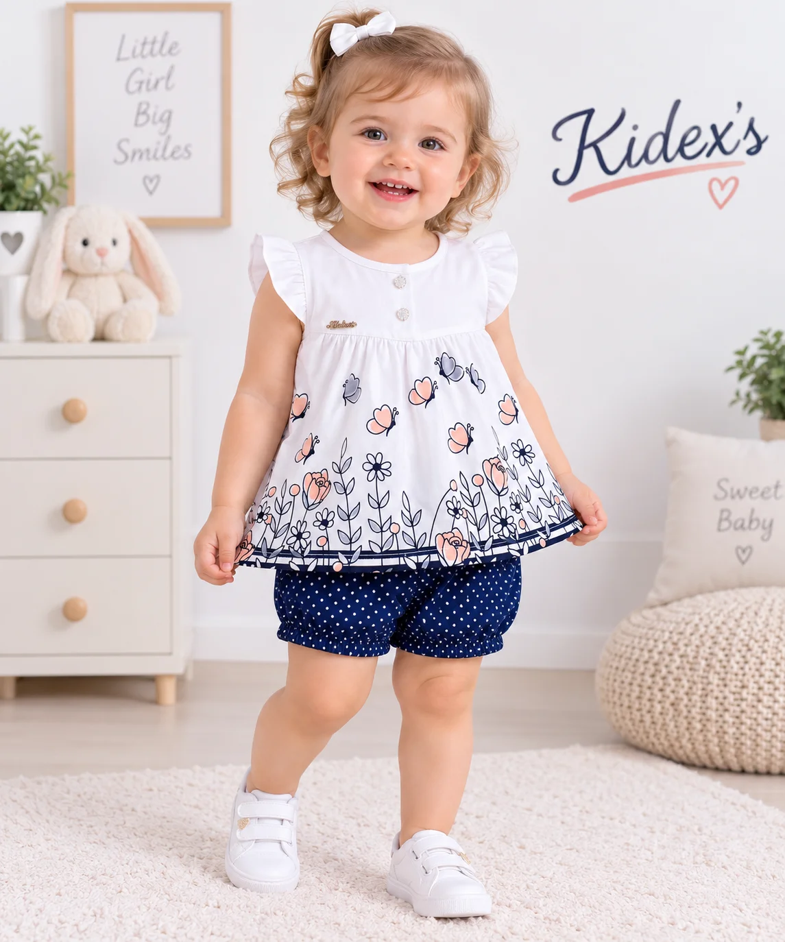 Kidex’s Girls Floral Top & Polka Dot Shorts Set – White & Navy color option