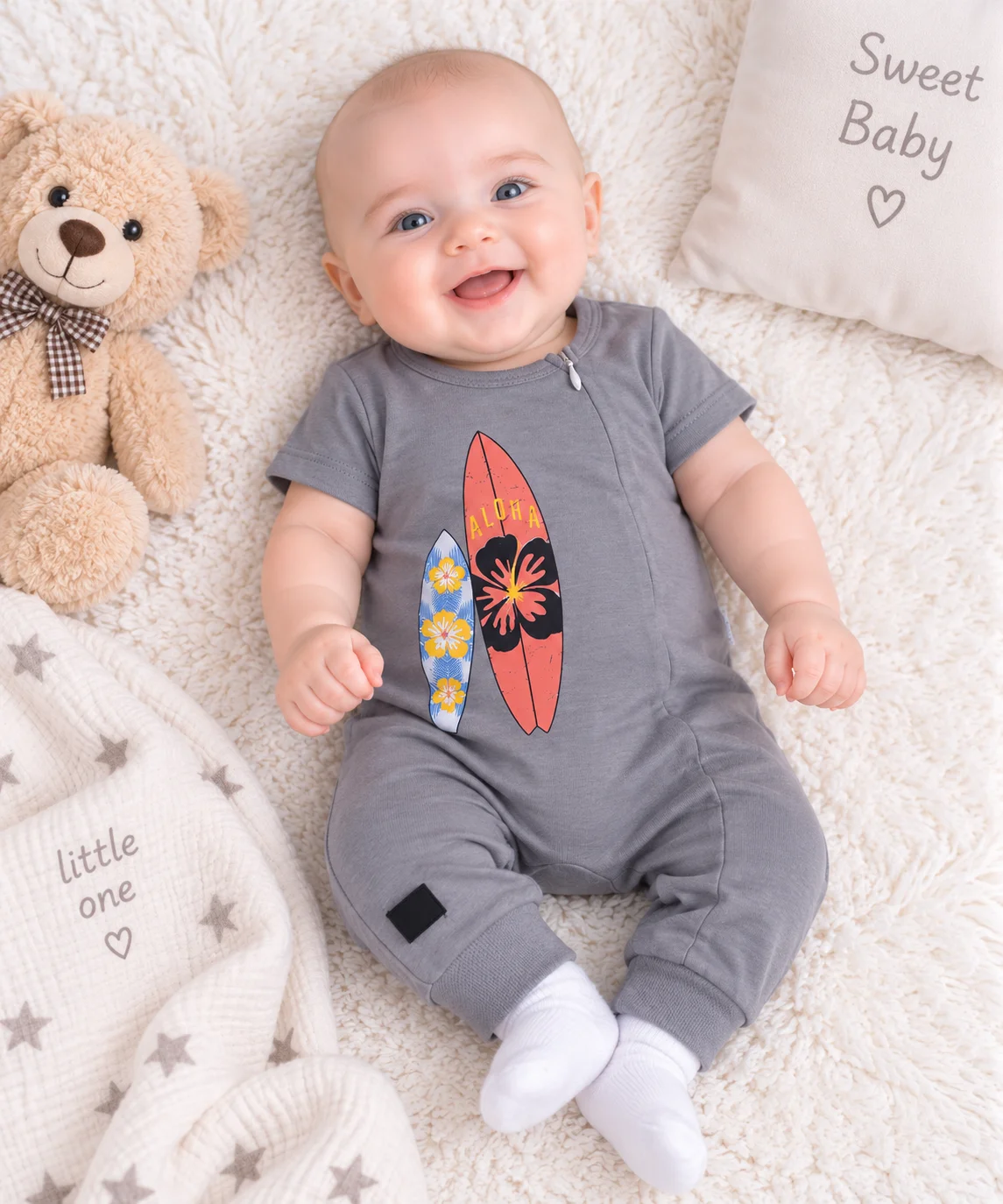 Kidex’s Baby Boys Short-Sleeve Surfboard Print Jumpsuit – Gray