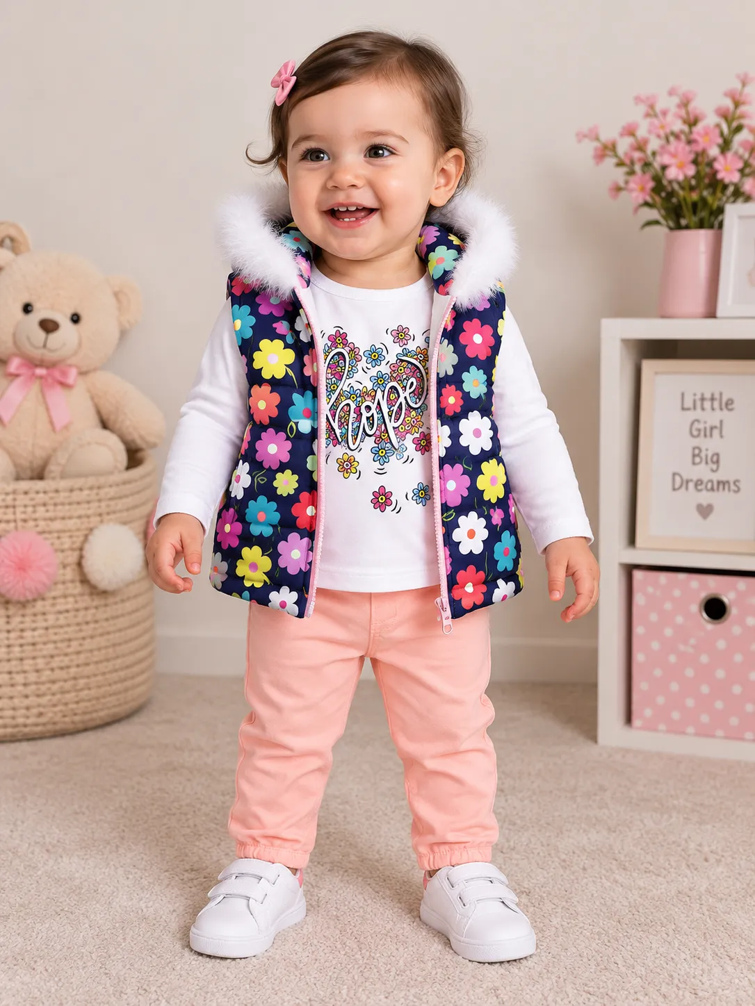 Kidex’s Girls 3-Piece Floral Hooded Vest, Long-Sleeve T-Shirt & Pants Set-Orange color option